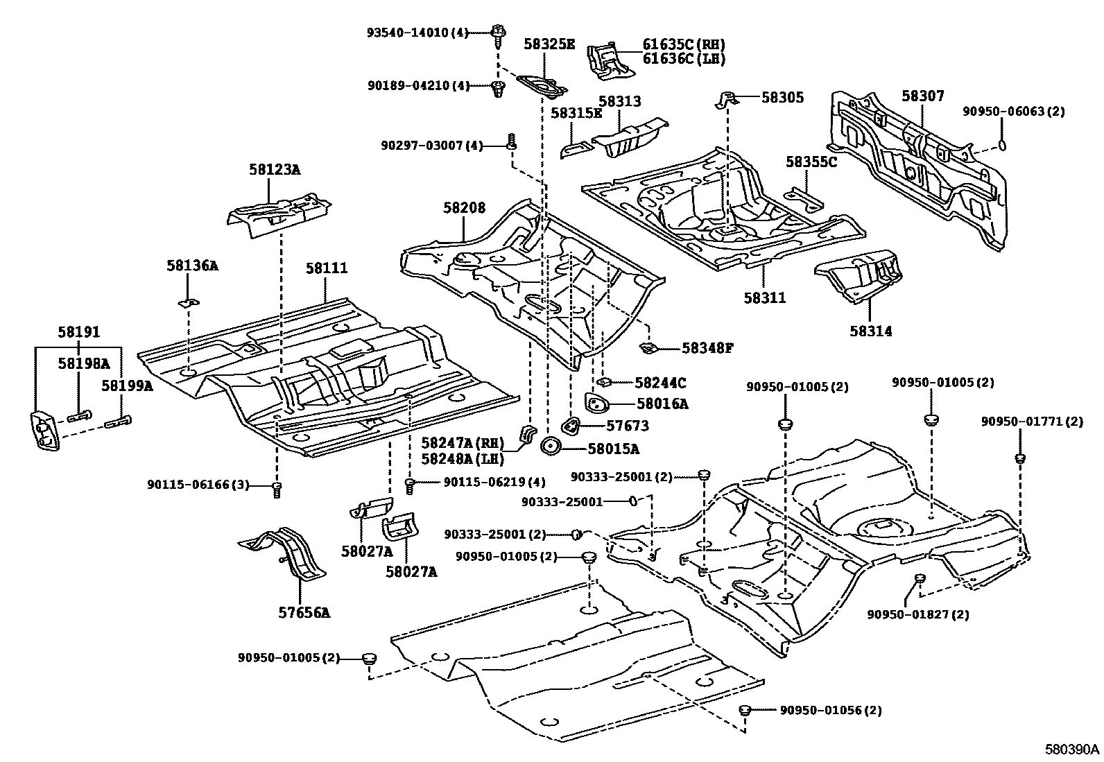 Toyota COROLLA 浅盘形地板和车身下背板 EPC diagram — 580390A