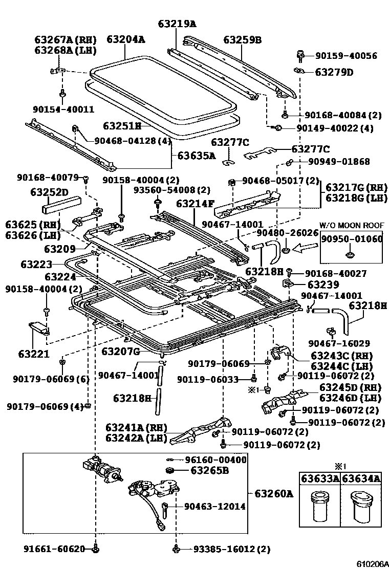 Toyota COROLLA 天窗板和背窗玻璃 EPC diagram — 610206A