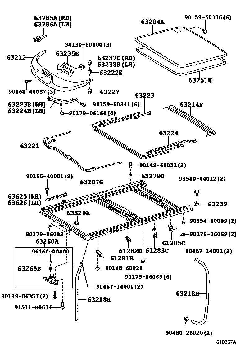 Toyota COROLLA 天窗板和背窗玻璃 EPC diagram — 610357A