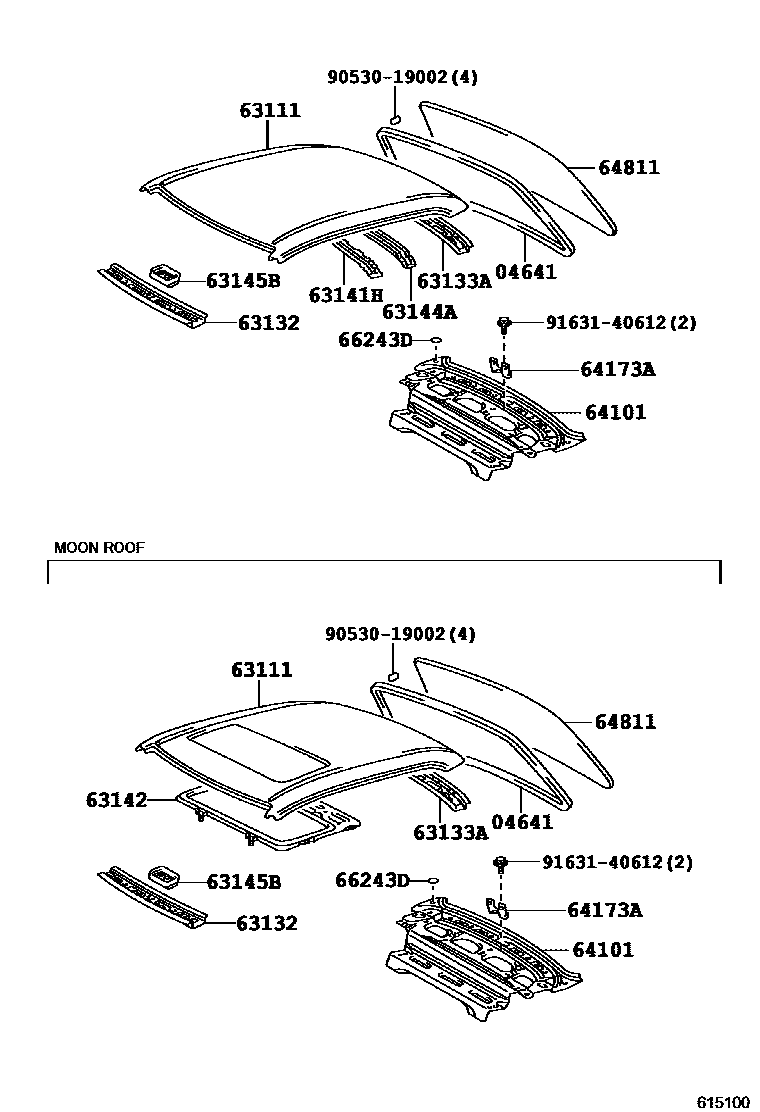 Toyota COROLLA 天窗板和背窗玻璃 EPC diagram — 615100
