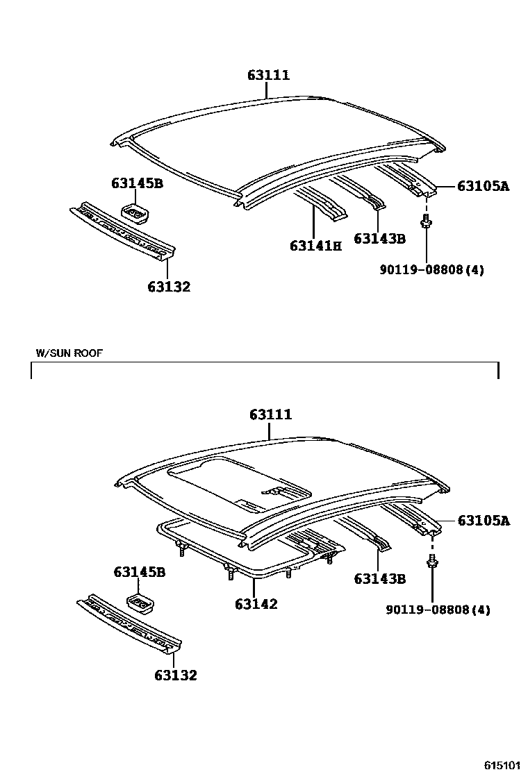 Toyota COROLLA 天窗板和背窗玻璃 EPC diagram — 615101