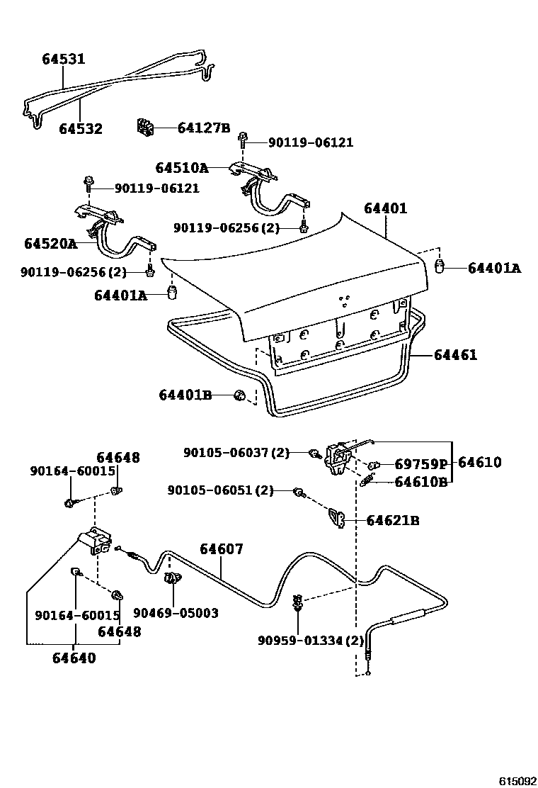 Toyota COROLLA 行李箱门和行李箱锁 EPC diagram — 615092