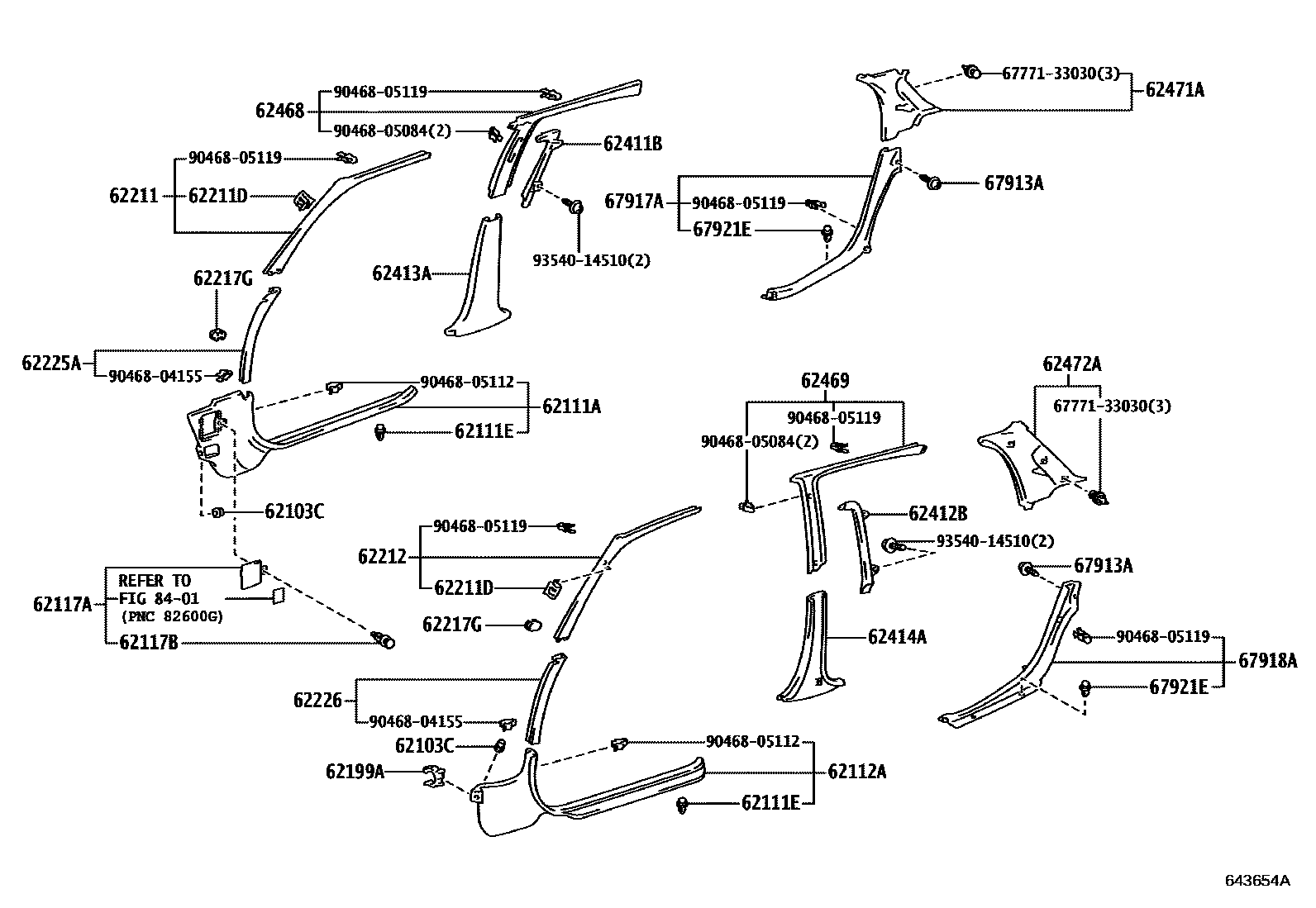 Toyota COROLLA 内饰板和车门防水胶条 EPC diagram — 643654A