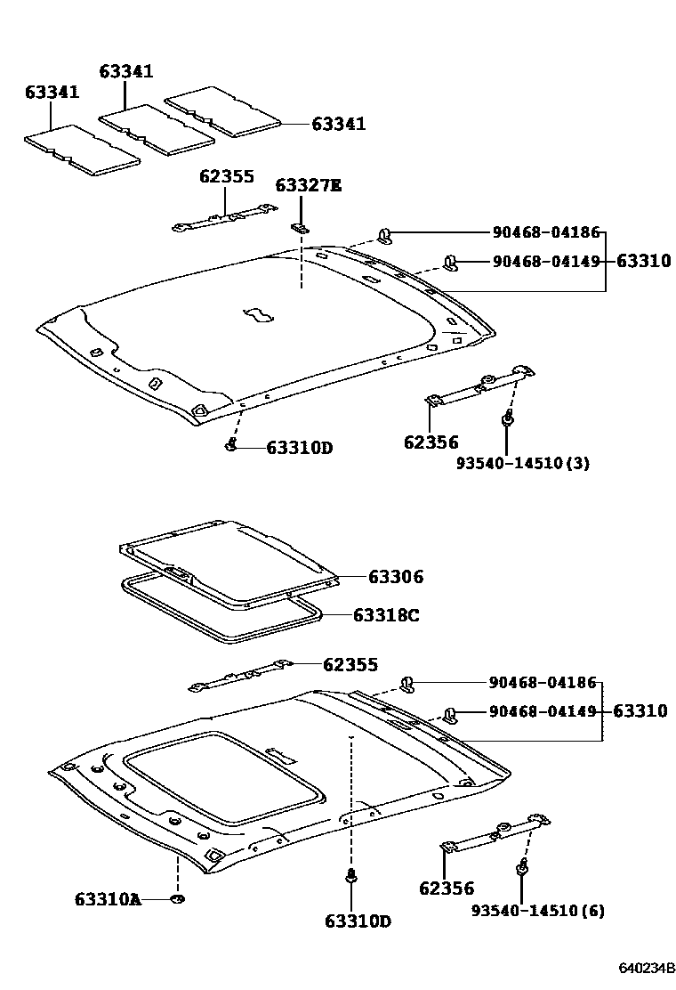 Toyota COROLLA 车顶内衬和消声垫 EPC diagram — 640234B