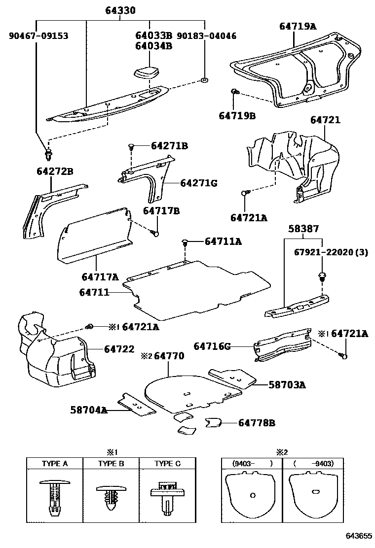 Toyota COROLLA 杂物箱板和行李箱垫 EPC diagram — 643655