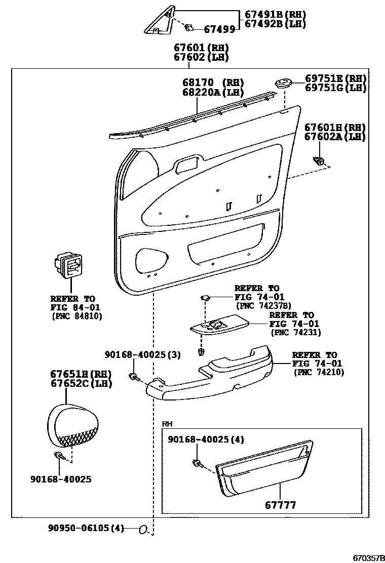 Toyota COROLLA 前门板和前门玻璃 EPC diagram — 670357B