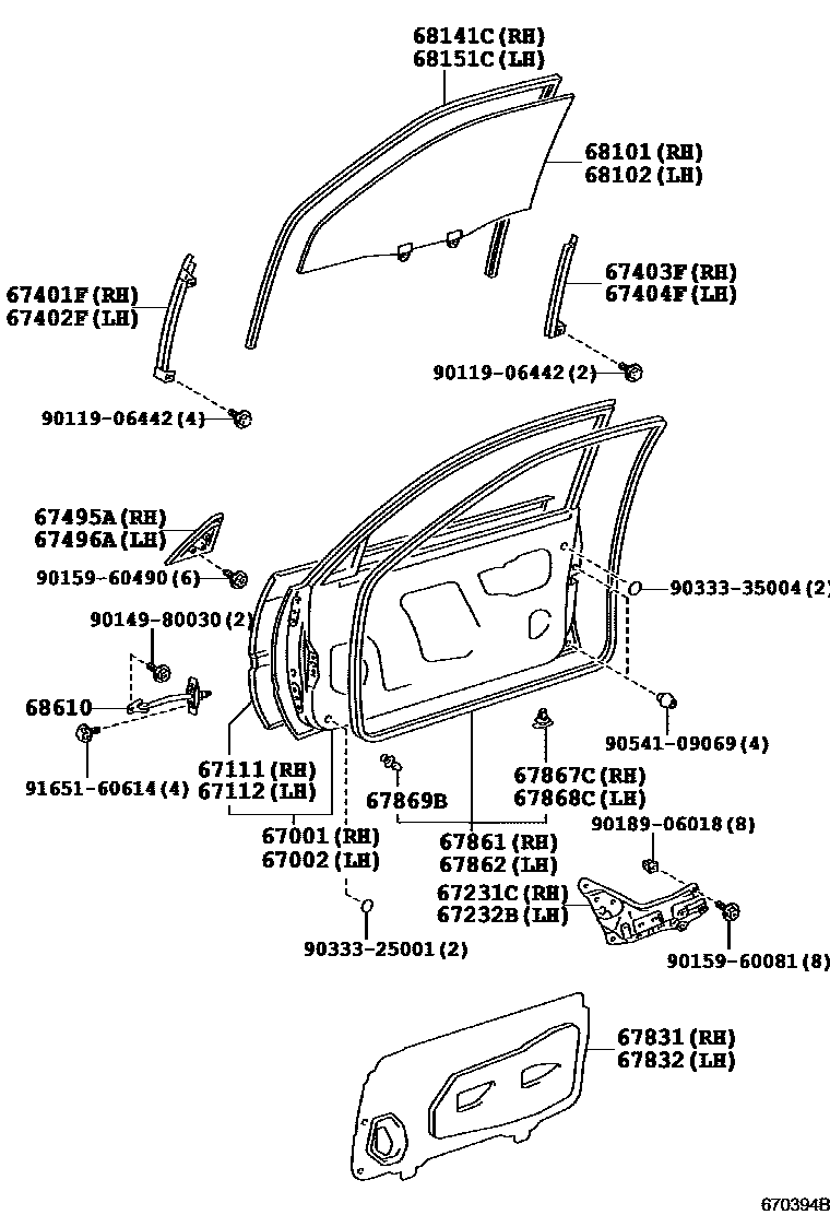 Toyota COROLLA 前门板和前门玻璃 EPC diagram — 670394B