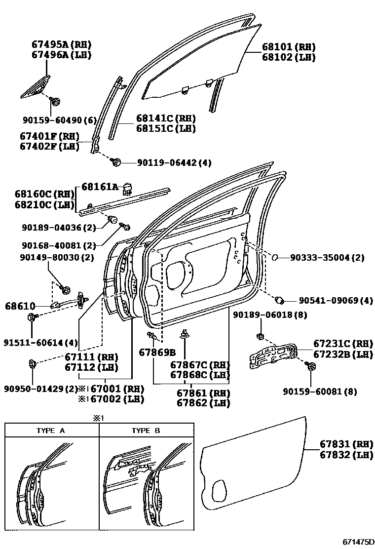 Toyota COROLLA 前门板和前门玻璃 EPC diagram — 671475D