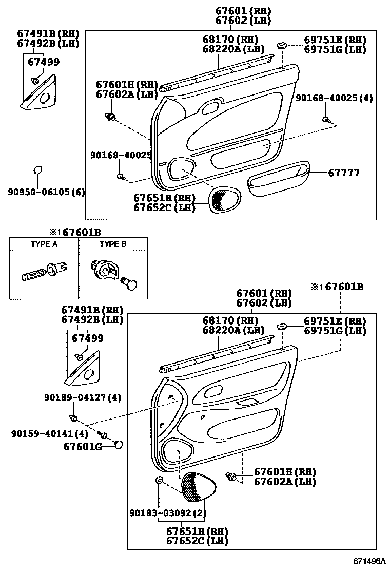 Toyota COROLLA 前门板和前门玻璃 EPC diagram — 671496A