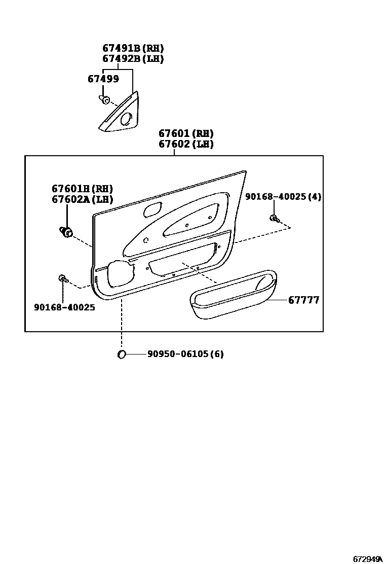 Toyota COROLLA 前门板和前门玻璃 EPC diagram — 672949A