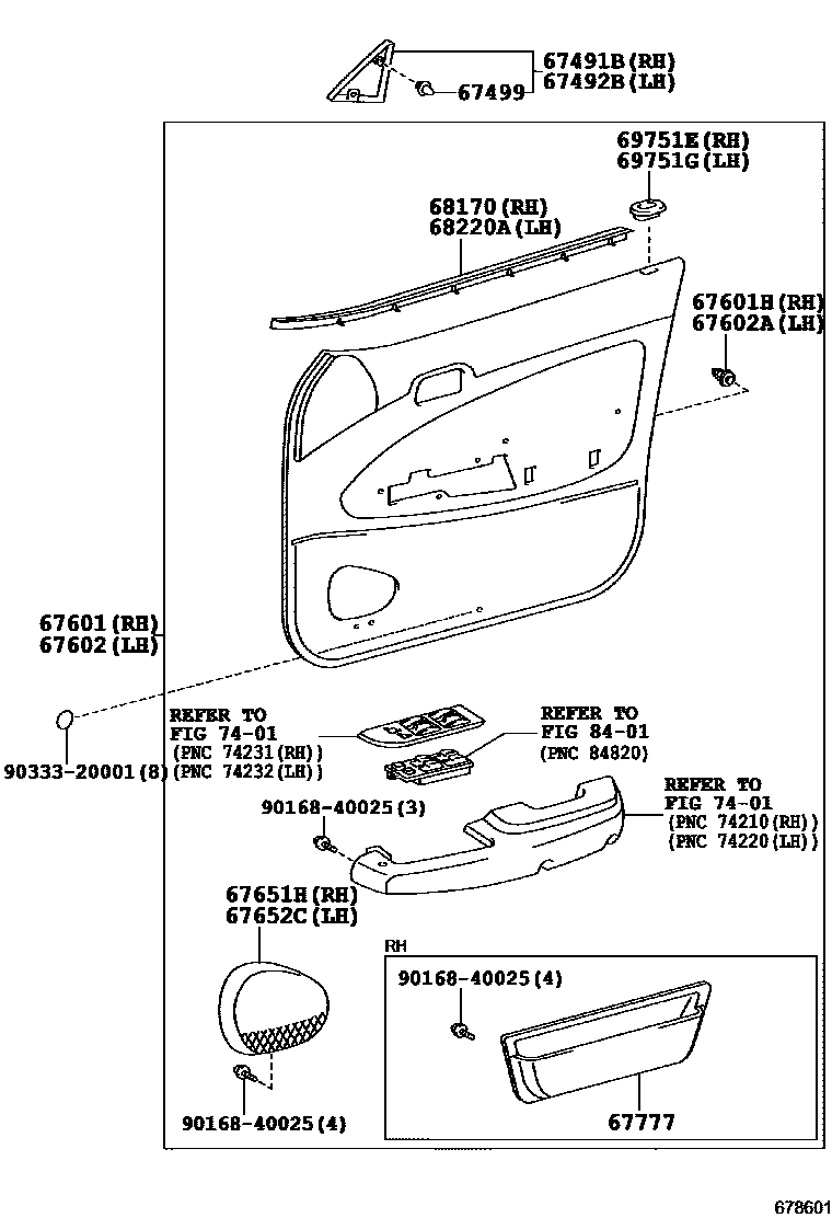 Toyota COROLLA 前门板和前门玻璃 EPC diagram — 678601
