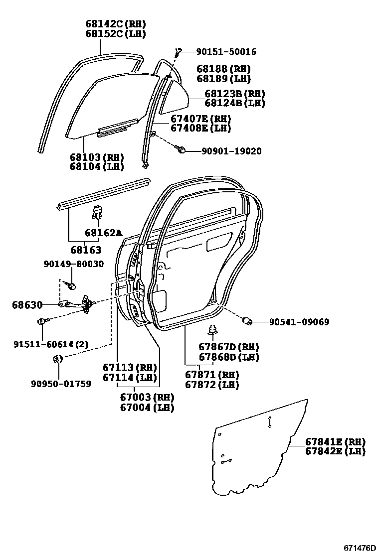 Toyota COROLLA 后门板和后门玻璃 EPC diagram — 671476D