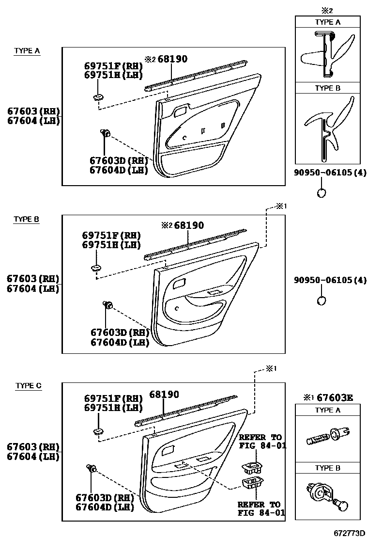 Toyota COROLLA 后门板和后门玻璃 EPC diagram — 672773D