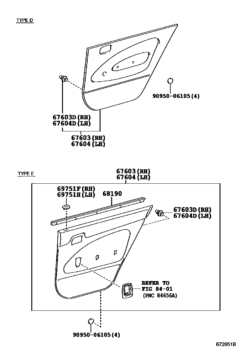Toyota COROLLA 后门板和后门玻璃 EPC diagram — 672951B