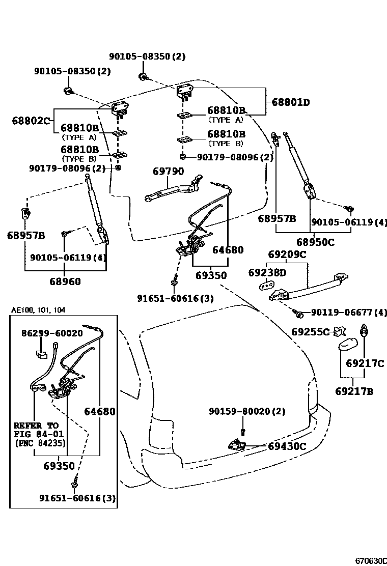 Toyota COROLLA 背门锁和背门把手 EPC diagram — 670630D