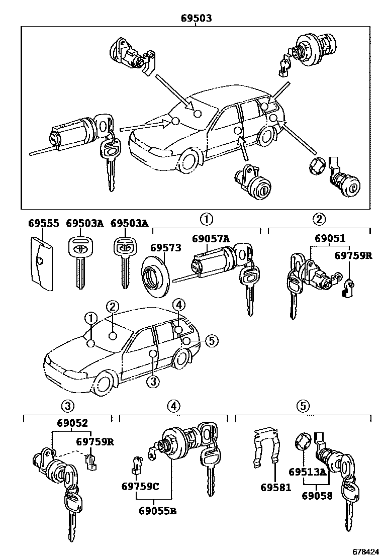 Toyota COROLLA 锁芯组件 EPC diagram — 678424
