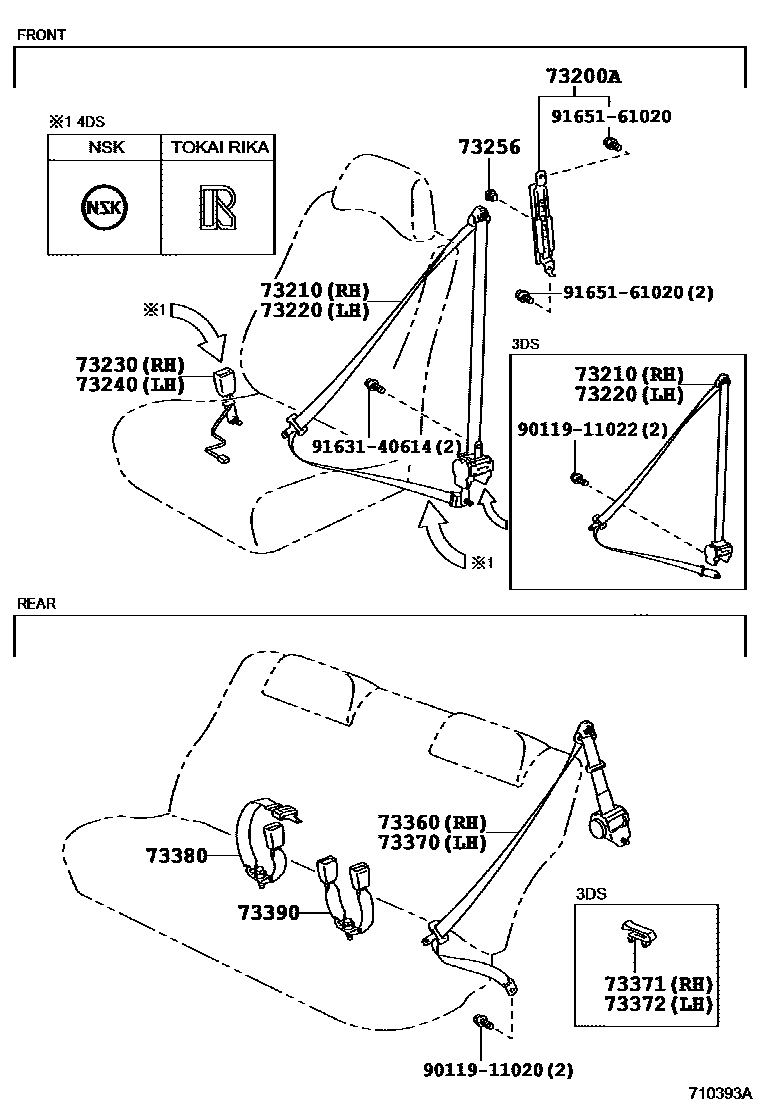 Toyota COROLLA 安全带和儿童保护座椅 EPC diagram — 710393A