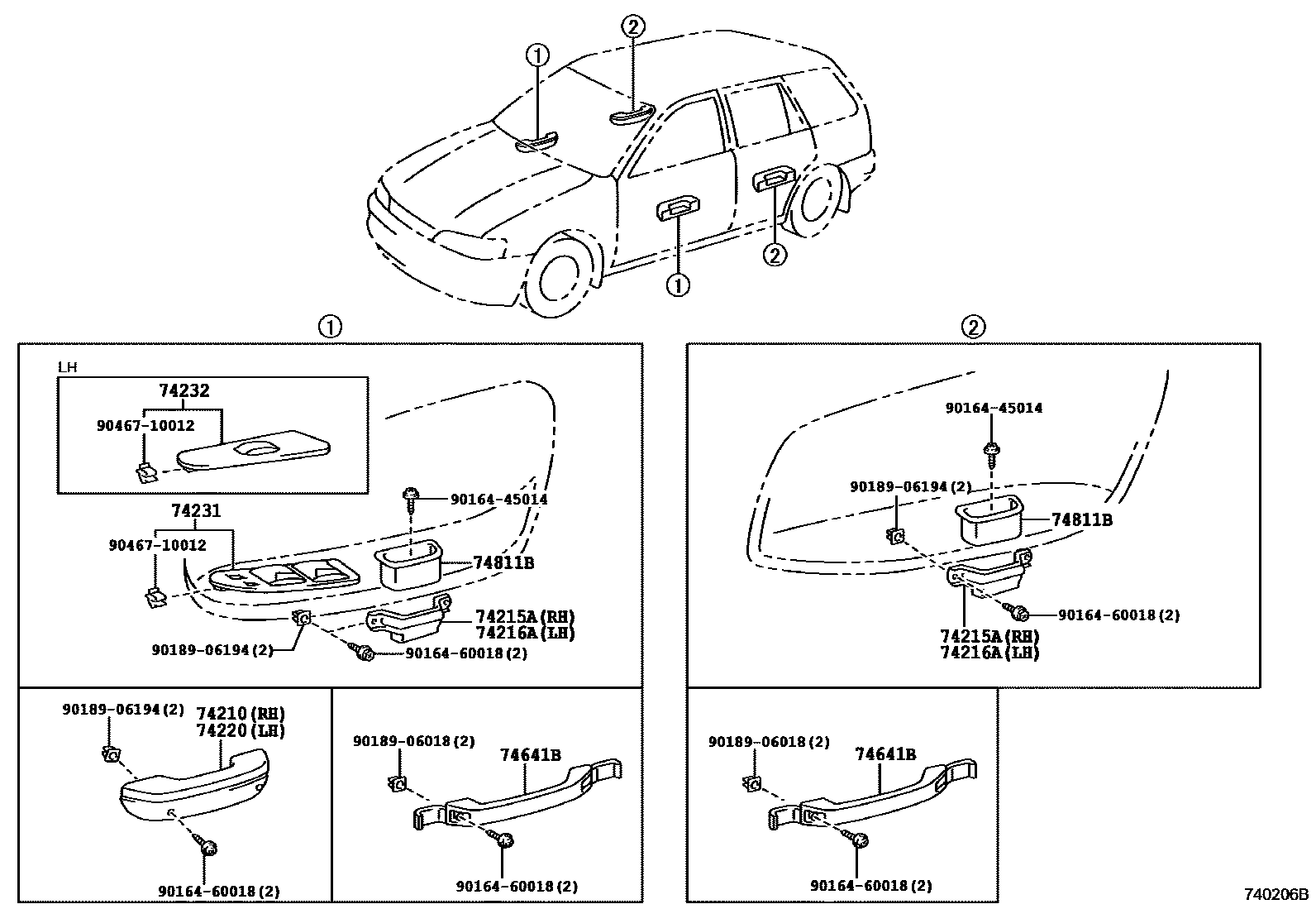 Toyota COROLLA 扶手和遮阳板 EPC diagram — 740206B