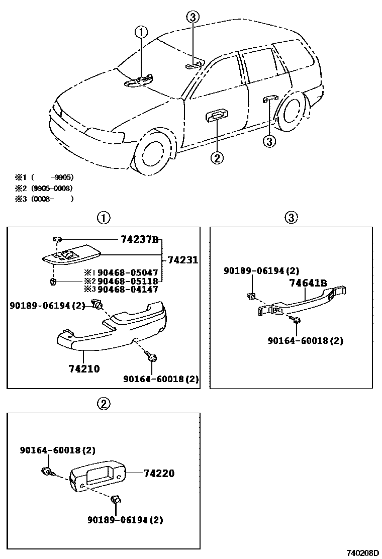 Toyota COROLLA 扶手和遮阳板 EPC diagram — 740208D