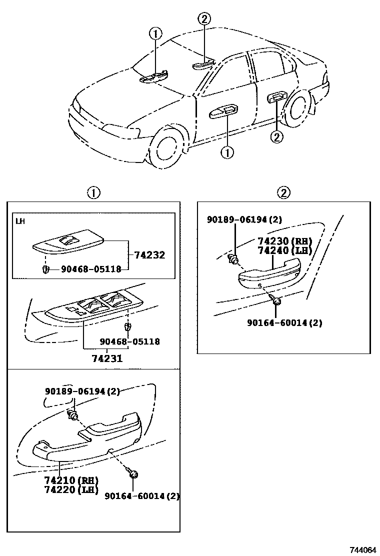Toyota COROLLA 扶手和遮阳板 EPC diagram — 744064