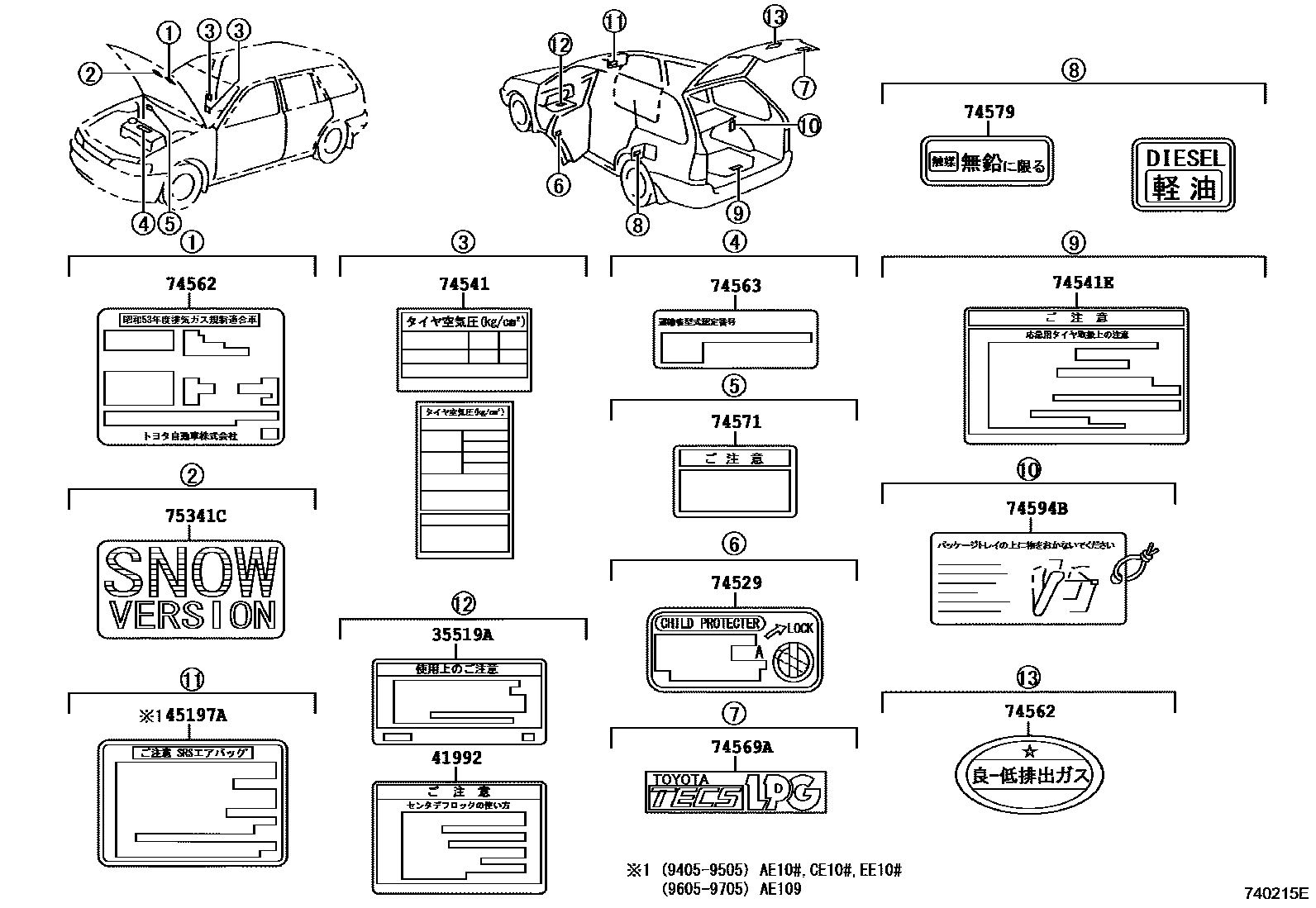 Toyota COROLLA 警示铭牌(车外和车内) EPC diagram — 740215E