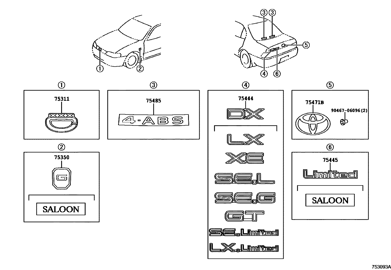 Toyota COROLLA 丰田徽标和铭牌(车外和车内) EPC diagram — 753093A