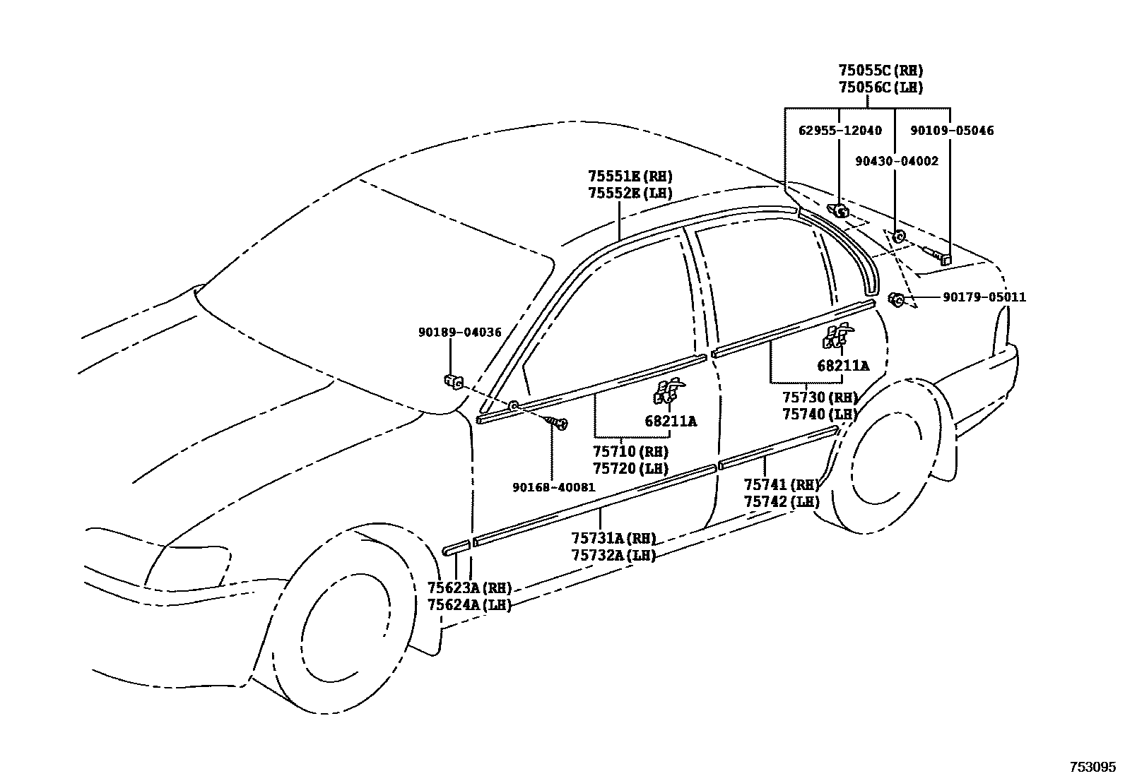 Toyota COROLLA 侧防护条 EPC diagram — 753095