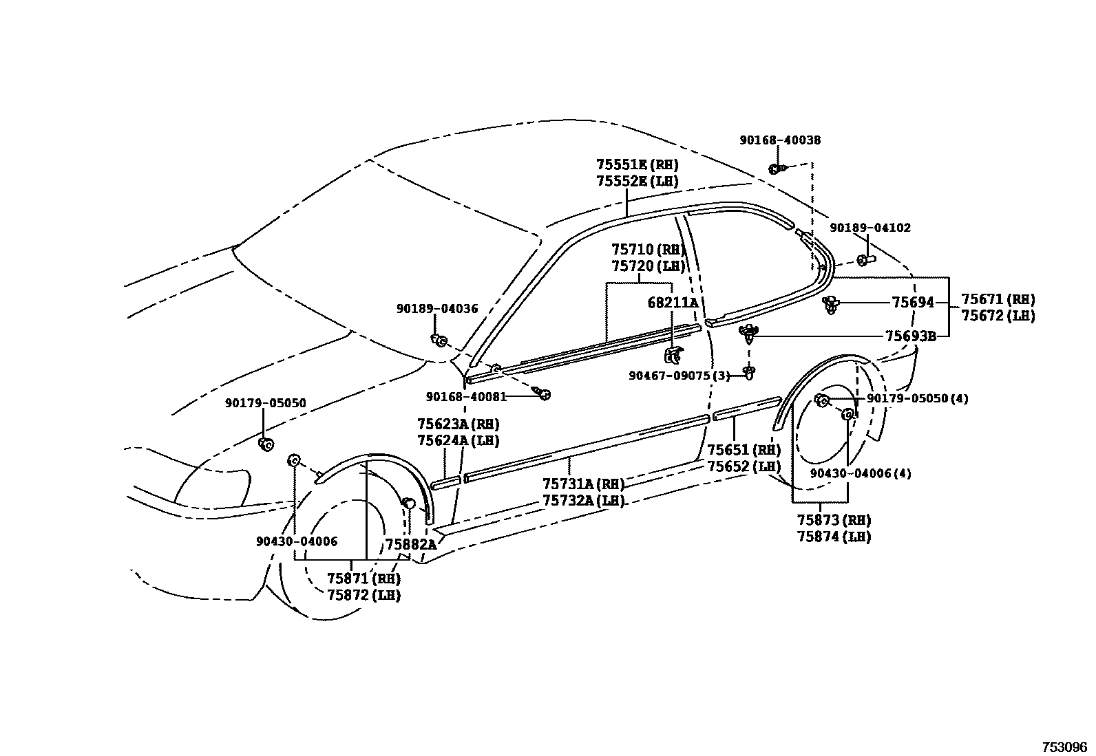 Toyota COROLLA 侧防护条 EPC diagram — 753096