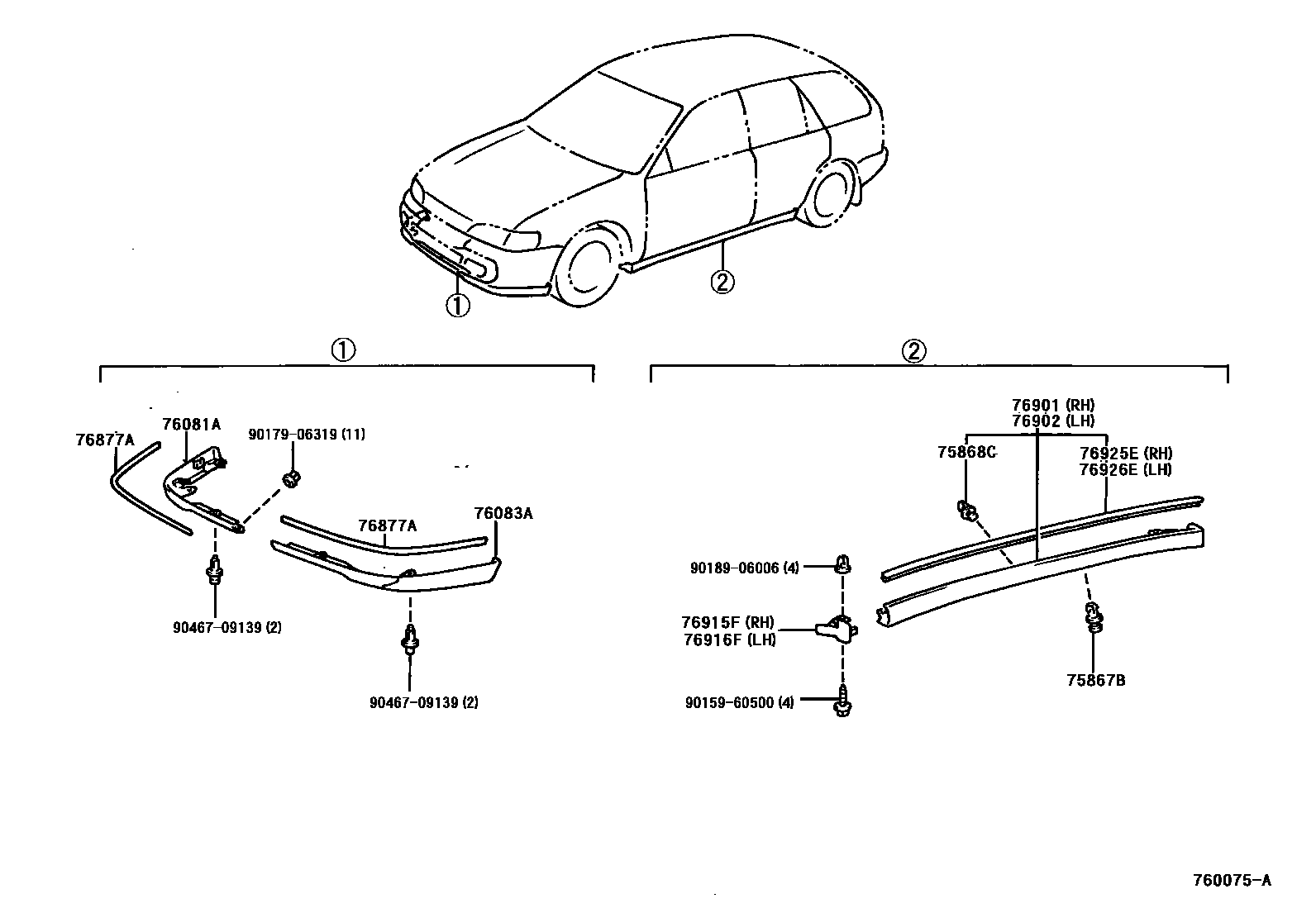 Toyota COROLLA 挡泥板和扰流板 EPC diagram — 760075A