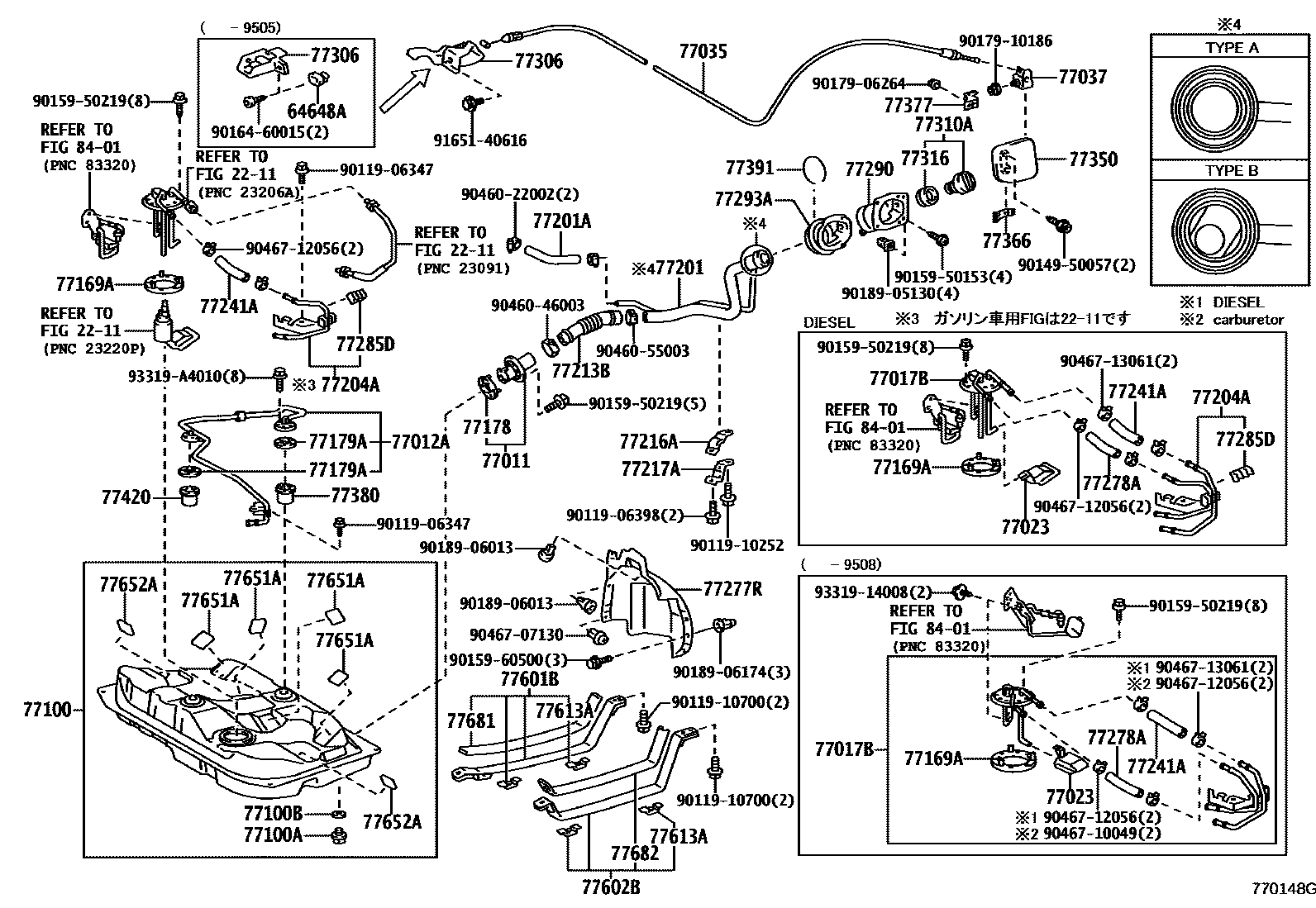 Toyota COROLLA 燃油箱和燃油管 EPC diagram — 770148G