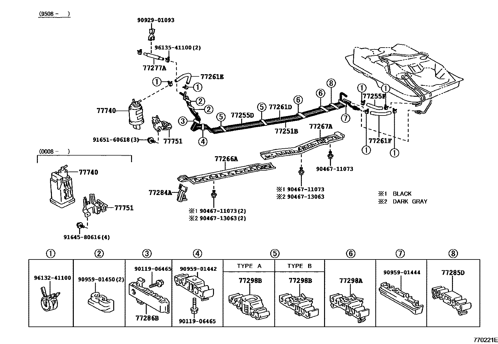 Toyota COROLLA 燃油箱和燃油管 EPC diagram — 770221E