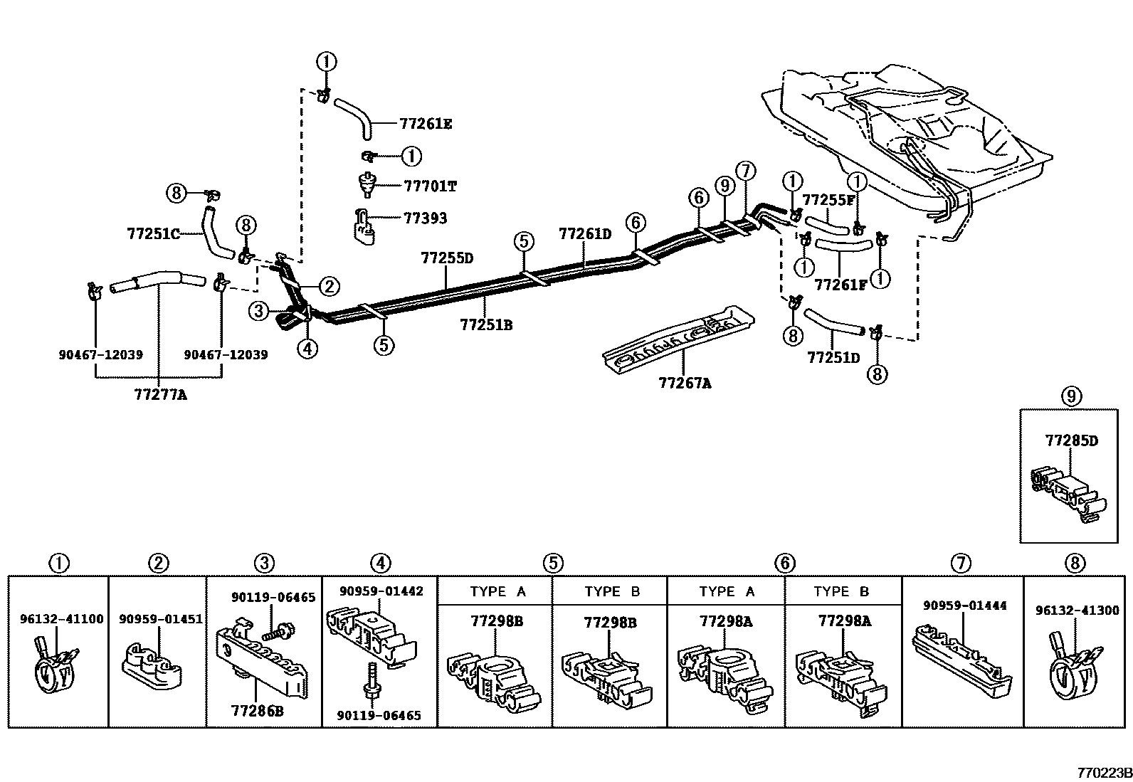 Toyota COROLLA 燃油箱和燃油管 EPC diagram — 770223B