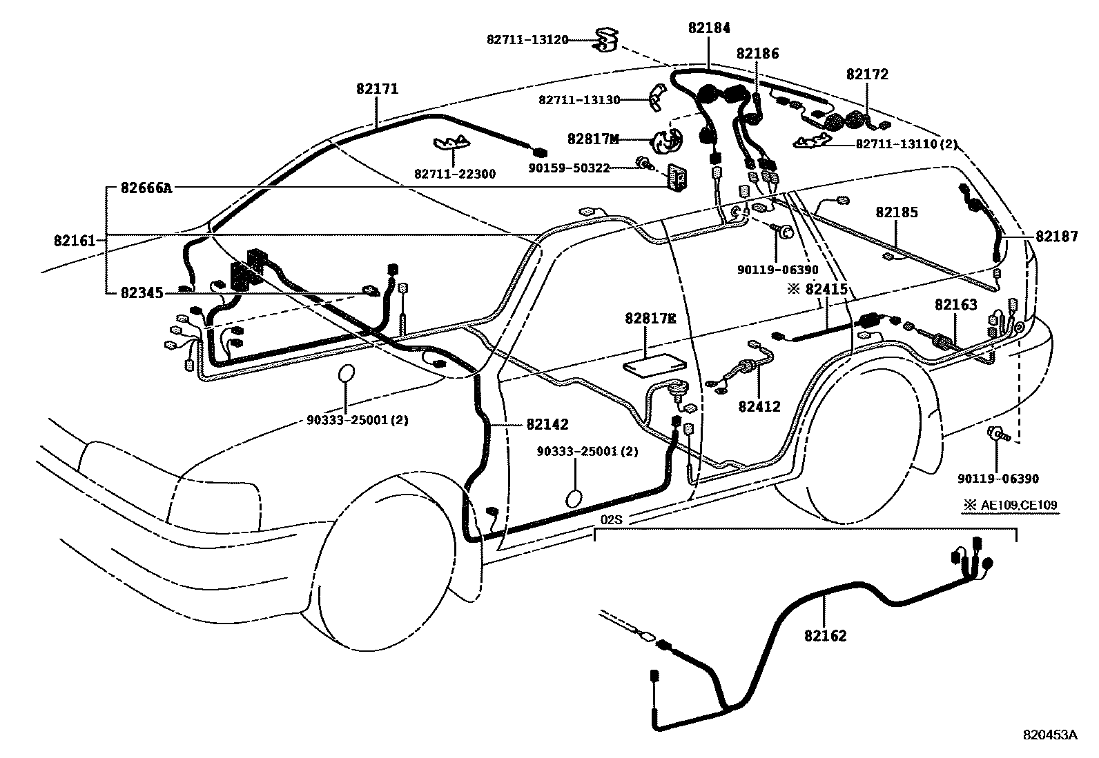 Toyota COROLLA 线束和卡夹 EPC diagram — 820453A