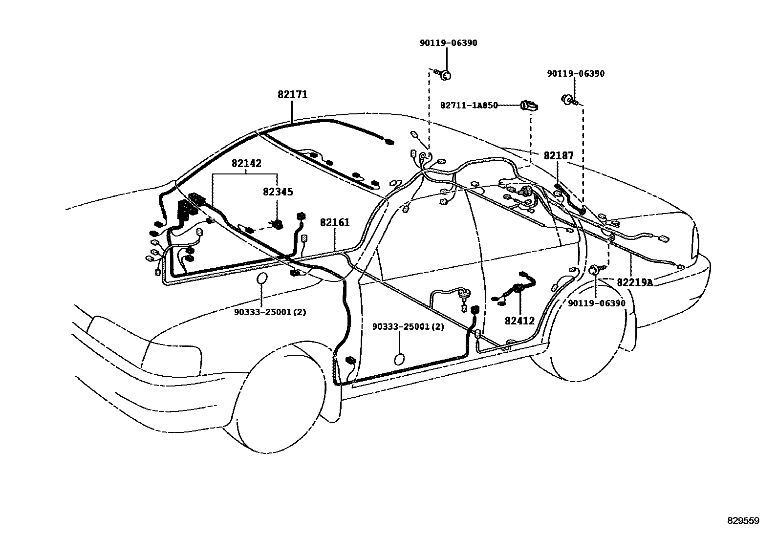 Toyota COROLLA 线束和卡夹 EPC diagram — 829559