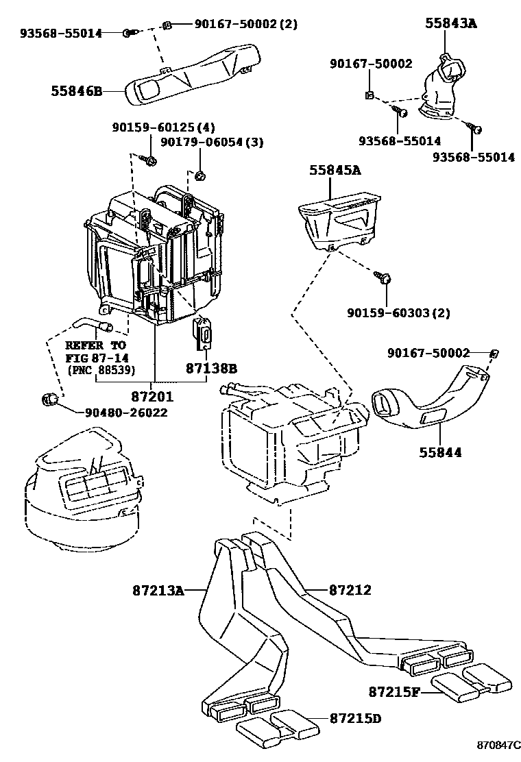 Toyota COROLLA 暖风和空调系统 - 控制器和风管 EPC diagram — 870847C