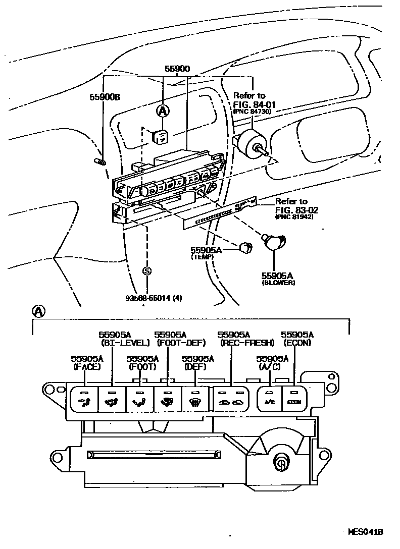 Toyota COROLLA 暖风和空调系统 - 控制器和风管 EPC diagram — MES041B