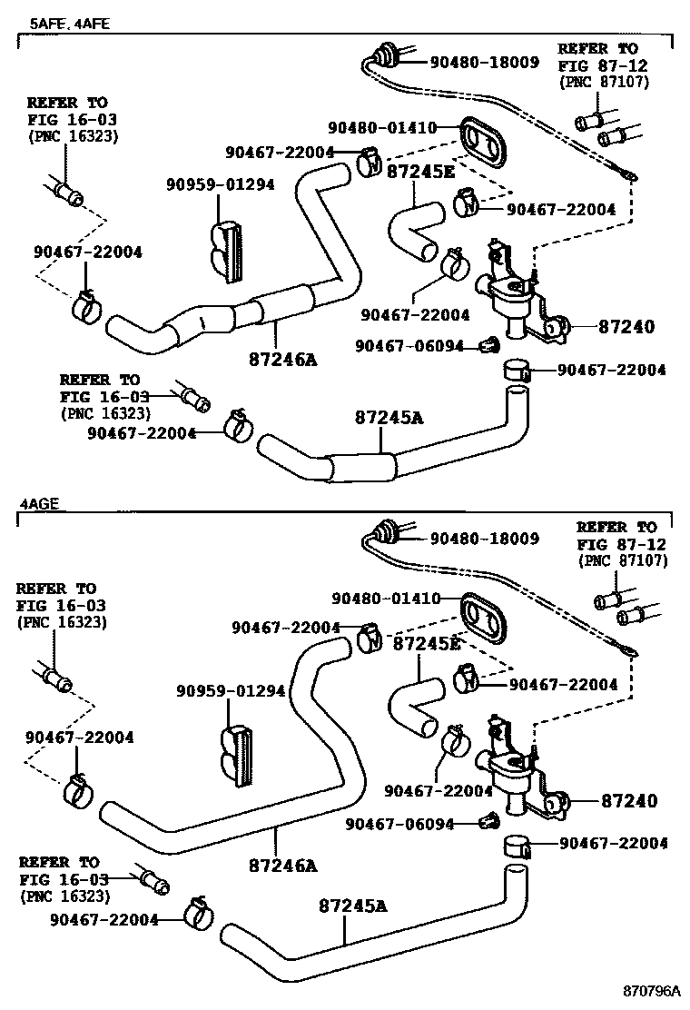 Toyota COROLLA 暖风和空调系统 - 水管 EPC diagram — 870796A