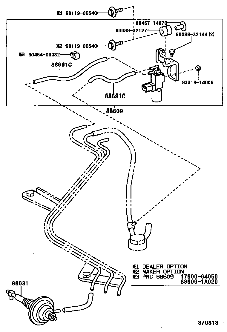 Toyota COROLLA 暖风和空调系统 - 真空管 EPC diagram — 870818