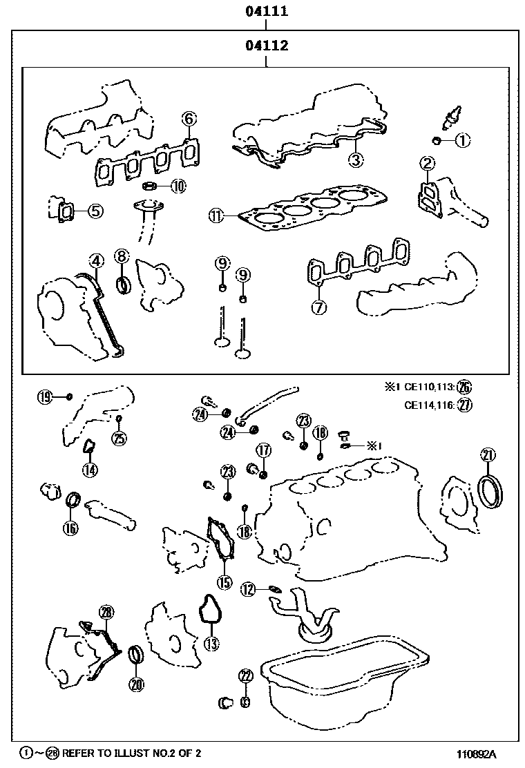 Toyota COROLLA Engine Overhaul Gasket Kit EPC diagram — 110892A