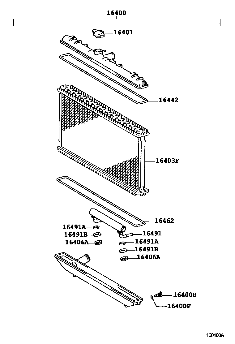 Toyota COROLLA RADIATOR & WATER OUTLET EPC diagram — 160103A