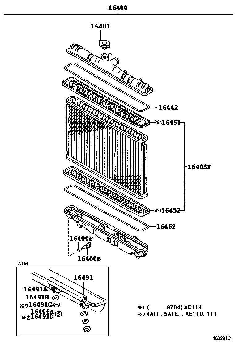 Toyota COROLLA RADIATOR & WATER OUTLET EPC diagram — 160294C