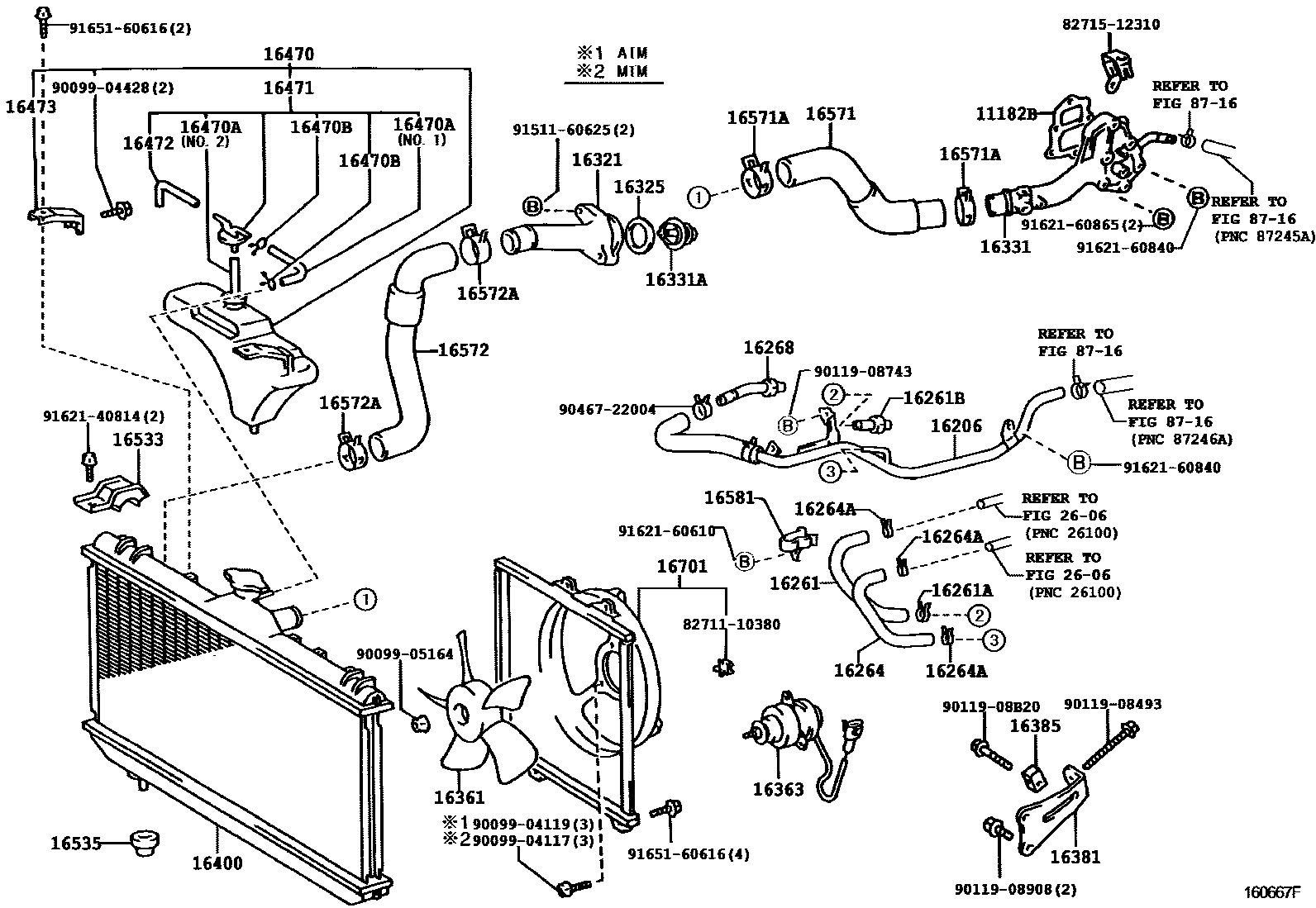 Toyota COROLLA RADIATOR & WATER OUTLET EPC diagram — 160667F