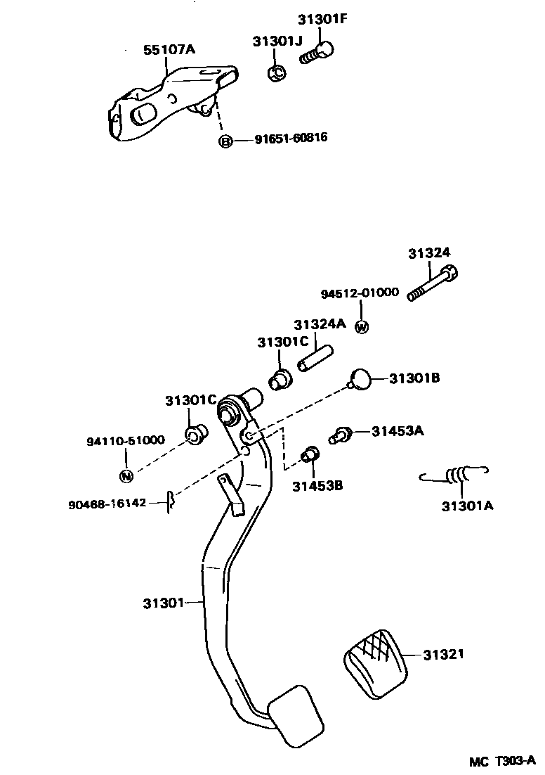 Toyota COROLLA 离合器踏板和挠性软管 EPC diagram — MCT303A