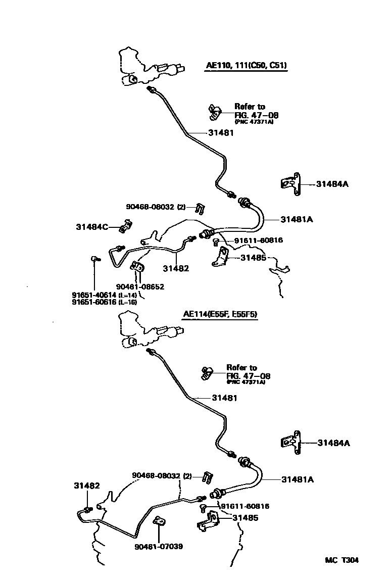Toyota COROLLA 离合器踏板和挠性软管 EPC diagram — MCT304