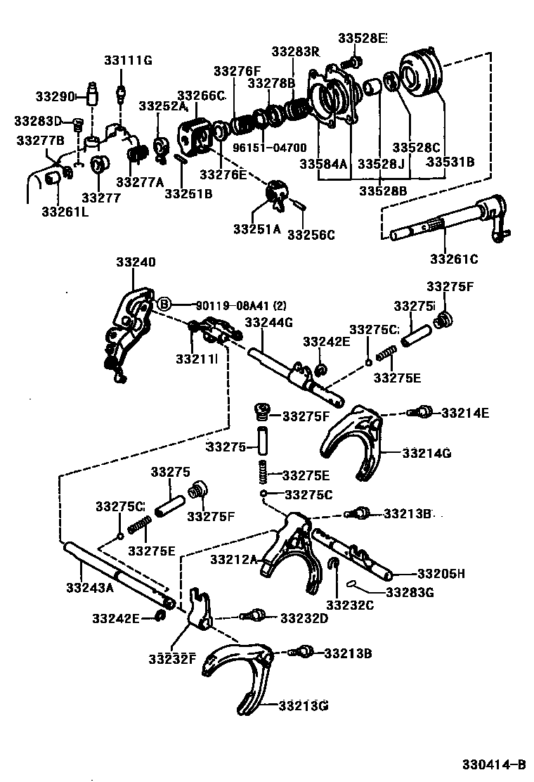 Toyota COROLLA 换档拨叉和换档杆轴(MTM) EPC diagram — 330414B