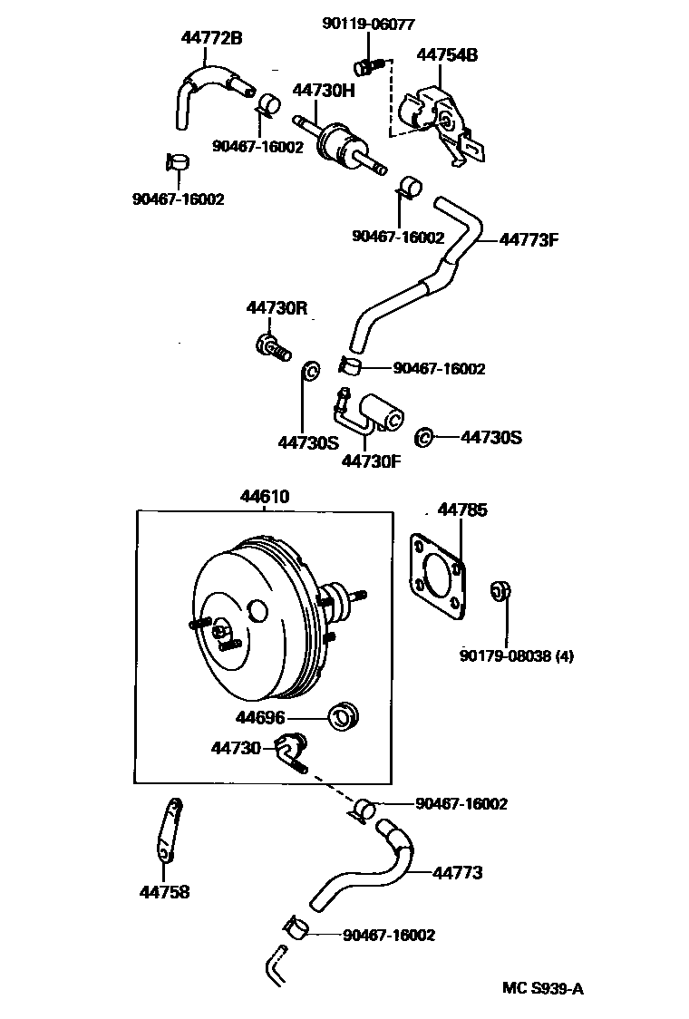 Toyota COROLLA 制动助力器和真空管 EPC diagram — MCS939A