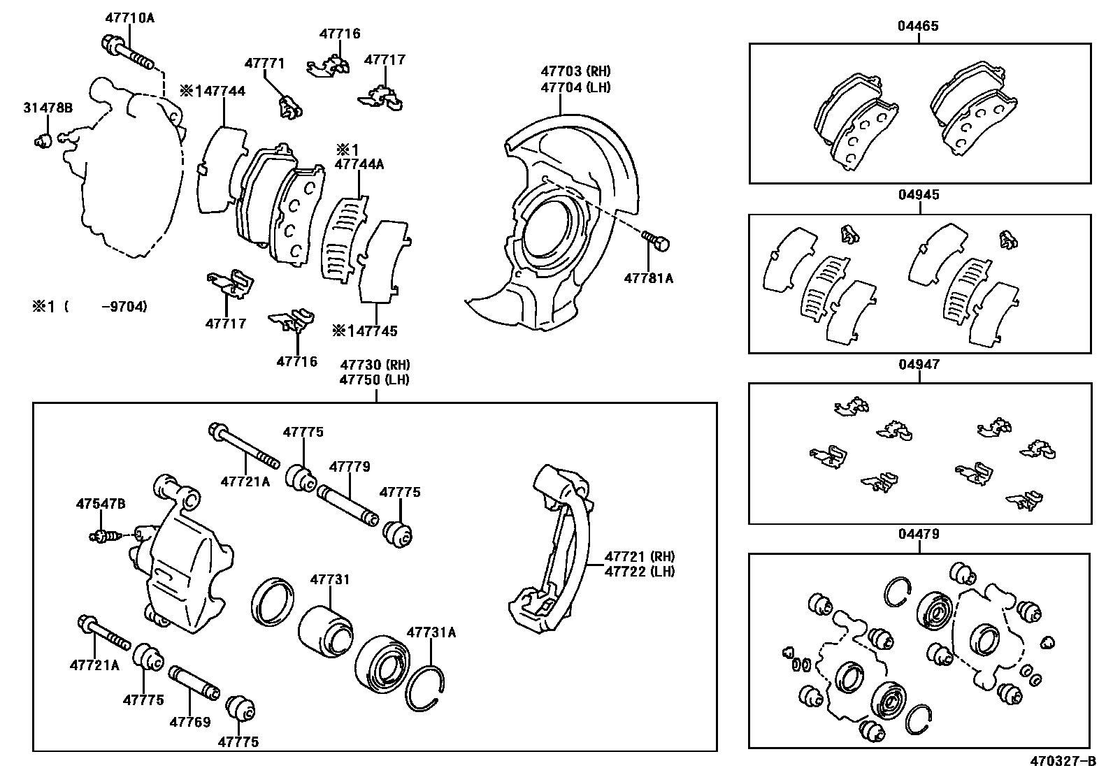 Toyota COROLLA 前盘式制动器卡钳和防尘罩 EPC diagram — 470327B