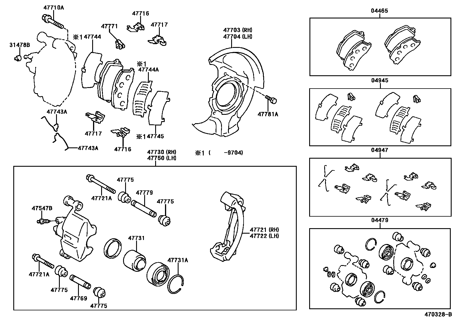 Toyota COROLLA 前盘式制动器卡钳和防尘罩 EPC diagram — 470328B