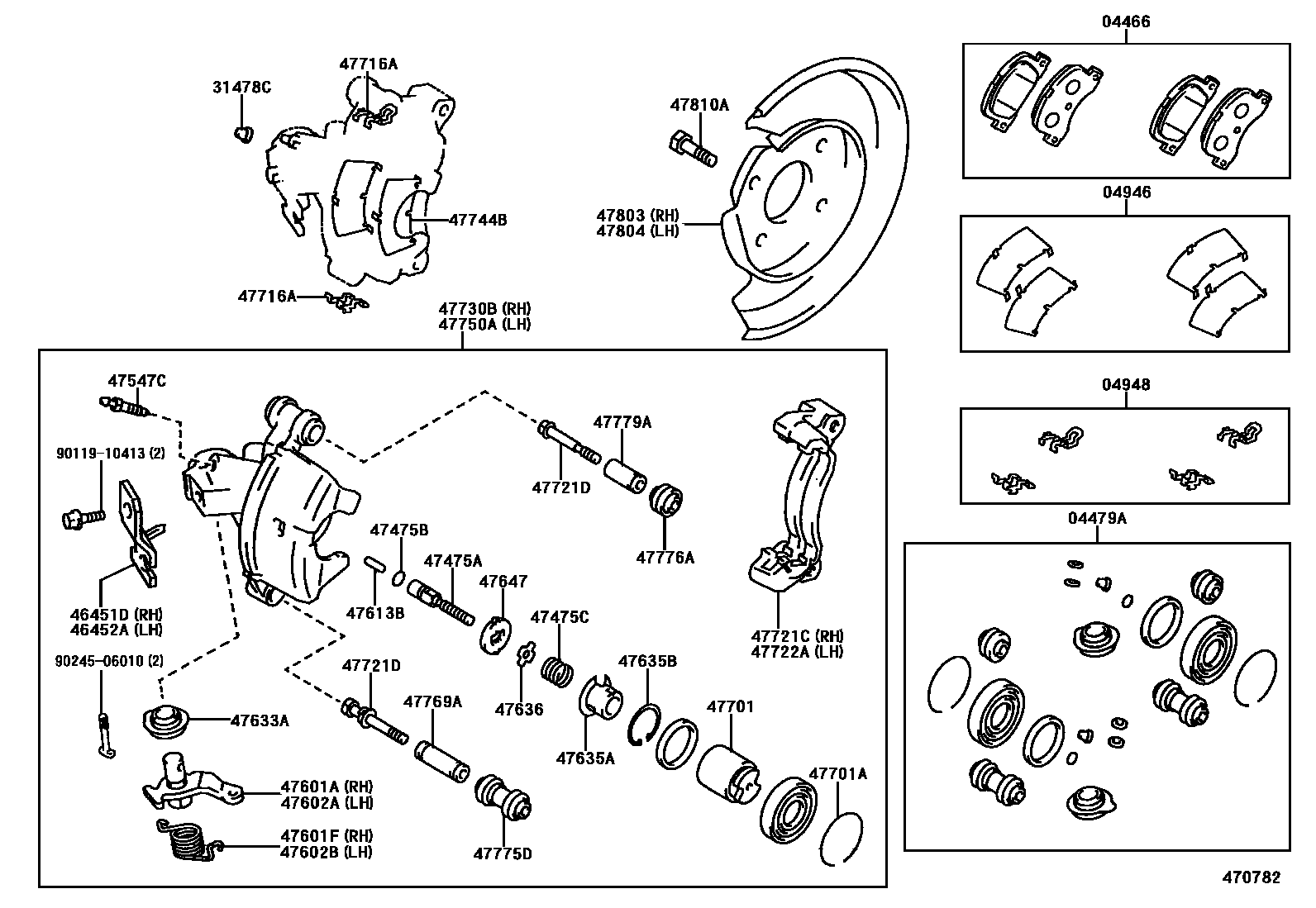 Toyota COROLLA 后盘式制动器卡钳和防尘罩 EPC diagram — 470782