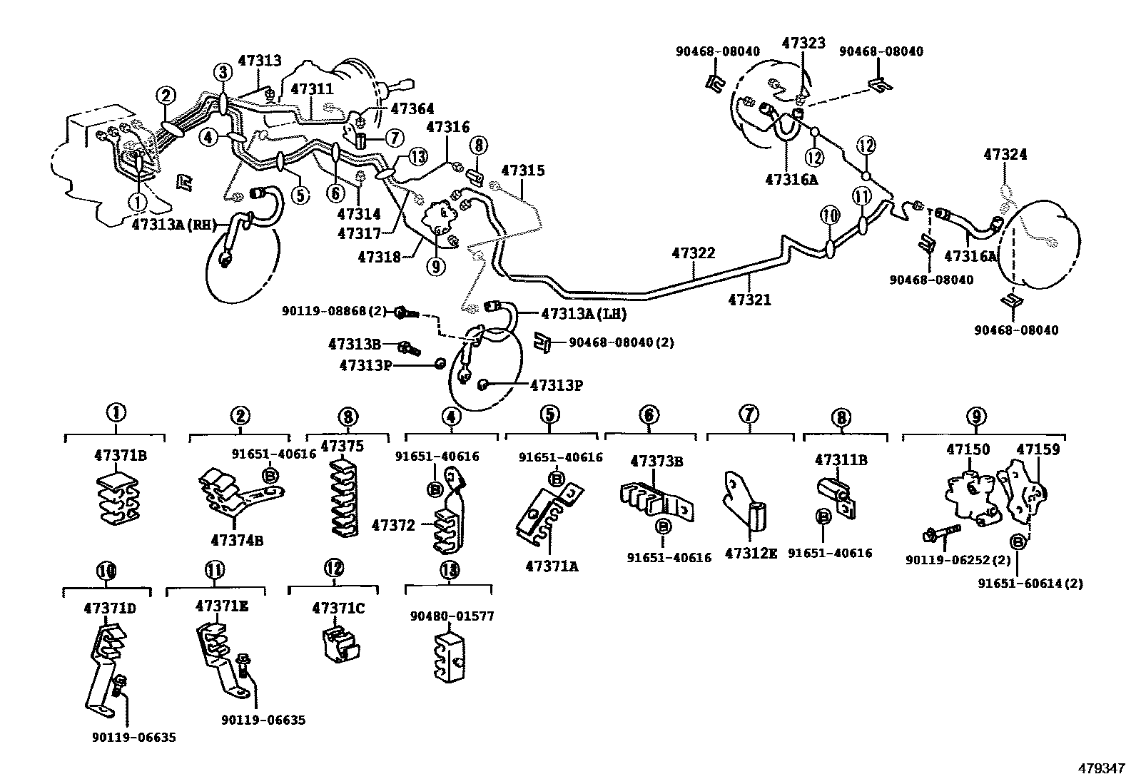Toyota COROLLA 制动配管和卡箍 EPC diagram — 479347